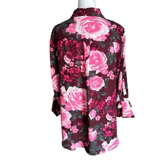 New York & Company Floral Pink Burgundy Roll Tab Sleeve Floral Button Down XL - Picture 4 of 17